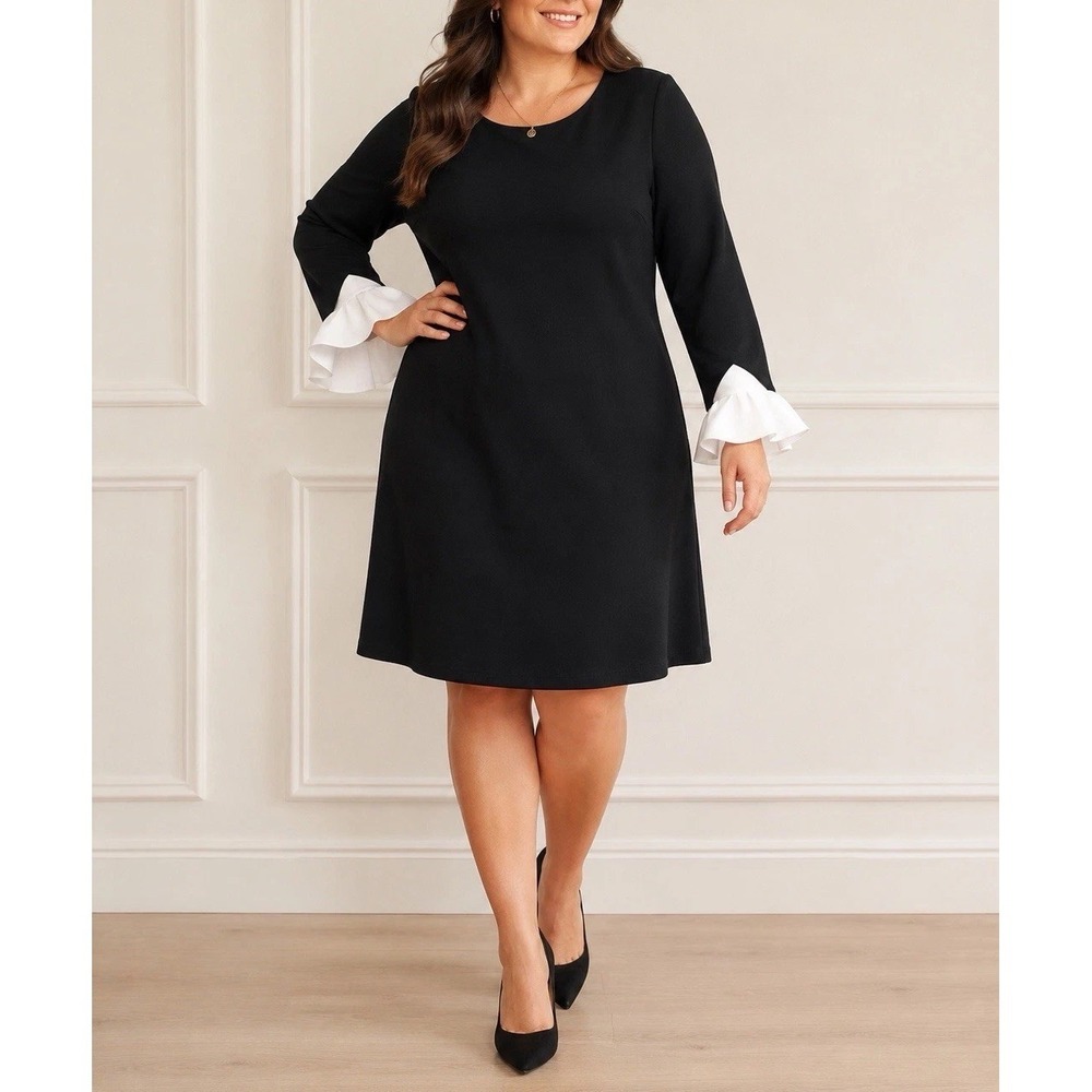 Eloquii Black Ponte Knit Dress White Ruffle Cuffs Size 20 Chic Mod